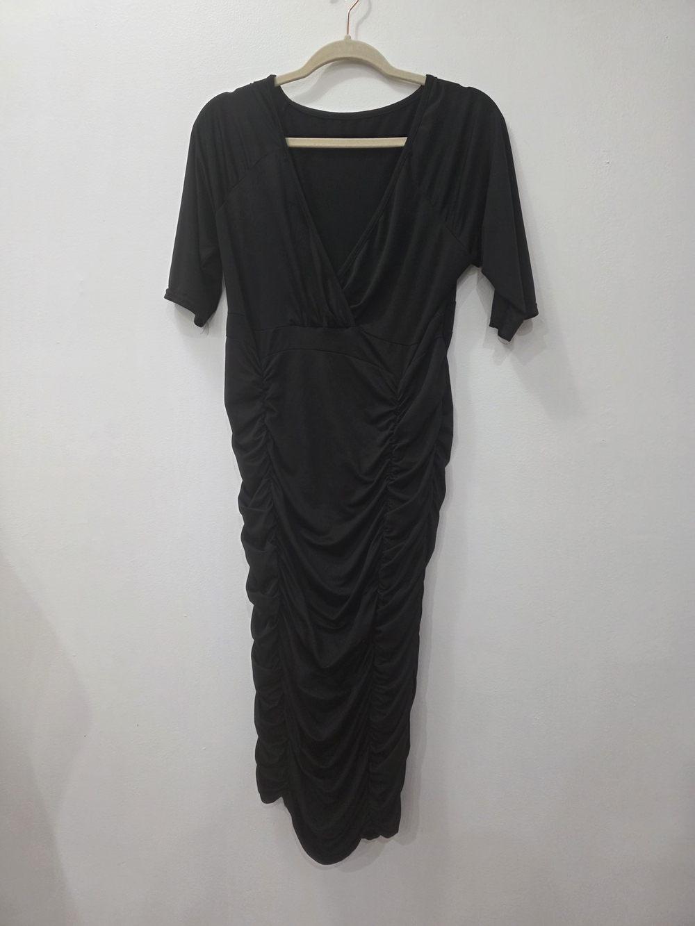 Women's Black Ruched Midi Dress with V-Neck
